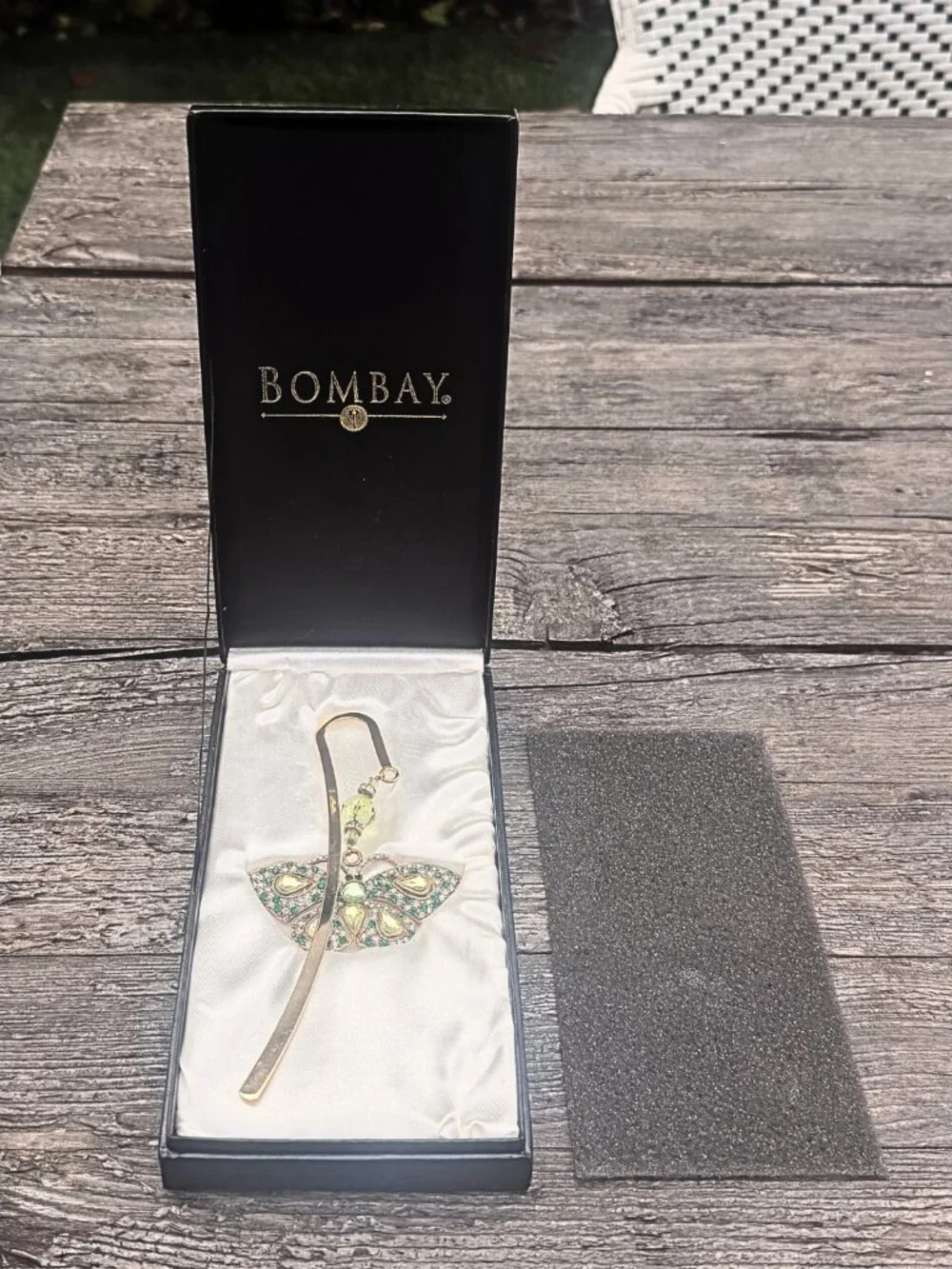 Vintage Bombay Bookmark Jeweled Butterfly Gold Green Amber Stones Jewels in Box